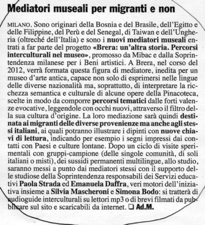 Scansione dell'articolo “Mediatori museali per migranti e non”, Giornale dell’Arte, aprile 2012